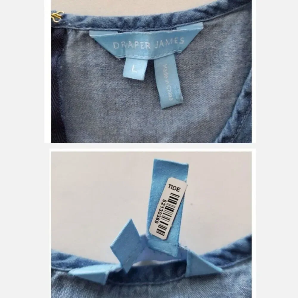 Draper James Tiered Blue Chambray Dress Cotton Mini Women Sz L Cottagecore - Picture 3 of 8